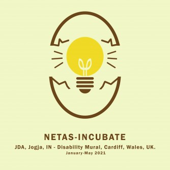 logo netas incubate kolaborasi mural. logo menggambarkan telur yang mulai rekan terdorong dari dalam oleh lampu yang menyala 