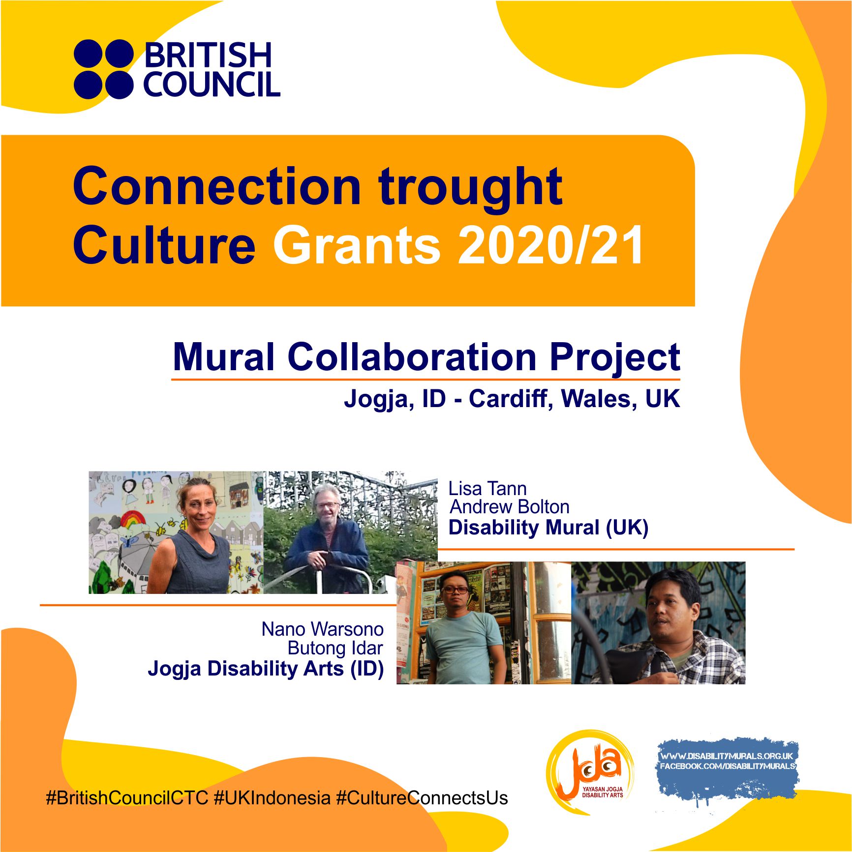 Poster CTC Grant 2021, Mural Collaboration Project, Jogja, IND - Cardiff, Wales, UK. berisi foto seniman IND dan UK yang berkolaborasi